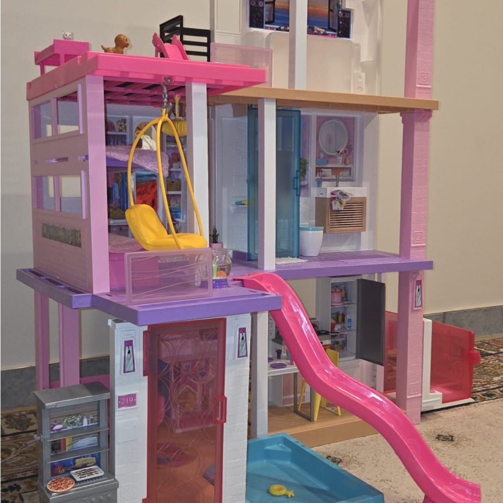 Barbie Multi-Level Dollhouse with Yellow Swing and Pink Slide elevator and pool
